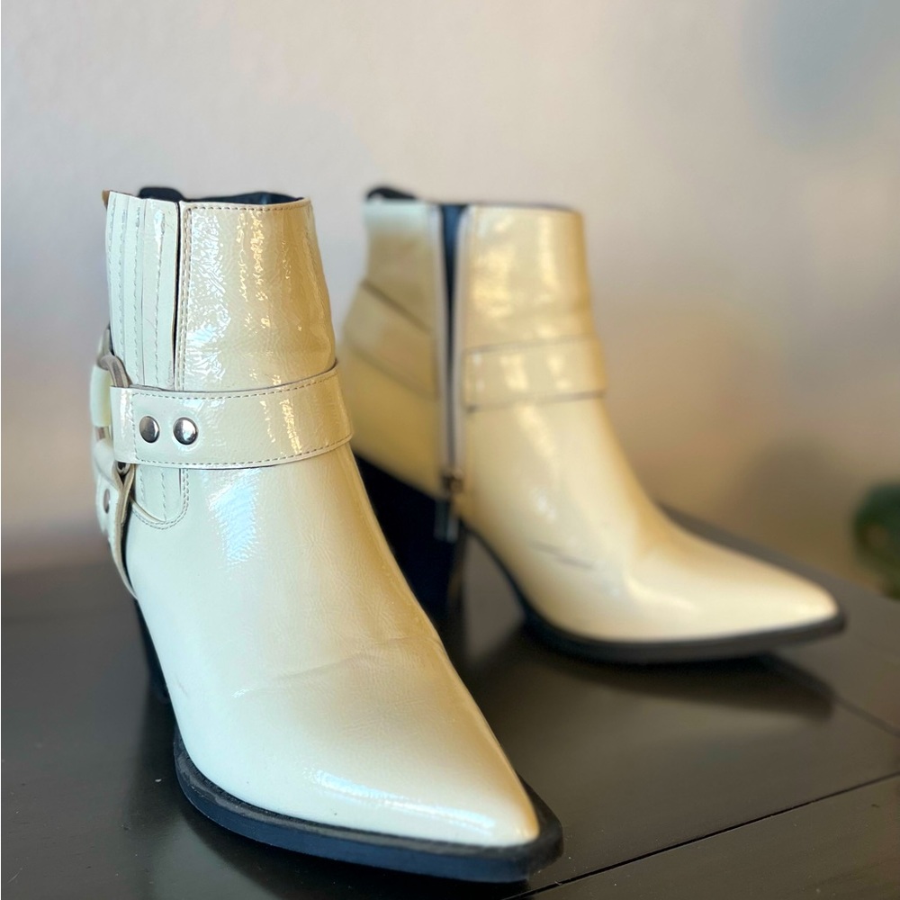 White patent leather booties